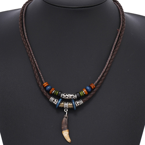 New retro ethnic style clothing accessories personalized dog tooth pendant men's leather necklace multi-layered long necklace