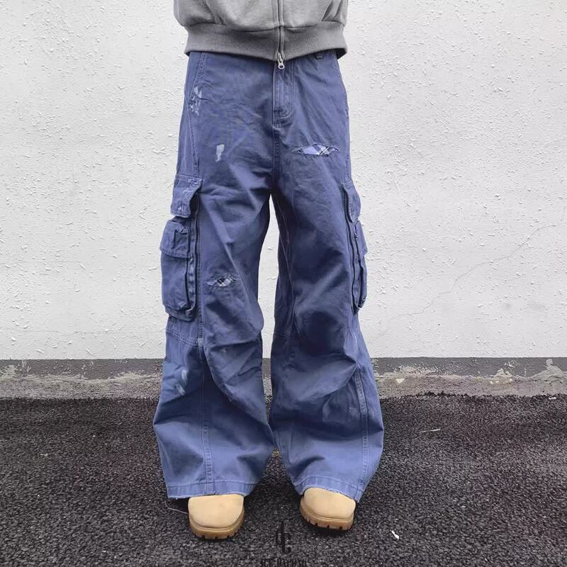 American-Style Workwear Pants with Green Water-Washed Patches, Loose Wide-Leg Baggy Design, Ink-Splattered, Multi-Pocket Long Pants for Men and Women