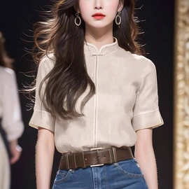 今年流行漂亮小衫新中式女装米黄色国风立领短袖衬衫2024早春新款