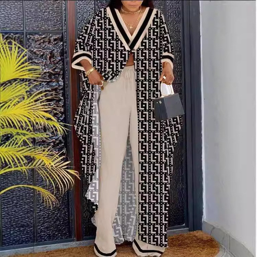 European and American cross-border women's clothing Amazon AliExpress fashion printed V-neck loose seven-quarter sleeve long shirt drawstring pants suit 