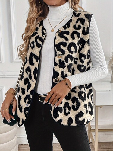 Autumn and winter new arrival European and American women's fashion plush vest with leopard-print front buttons for ladies