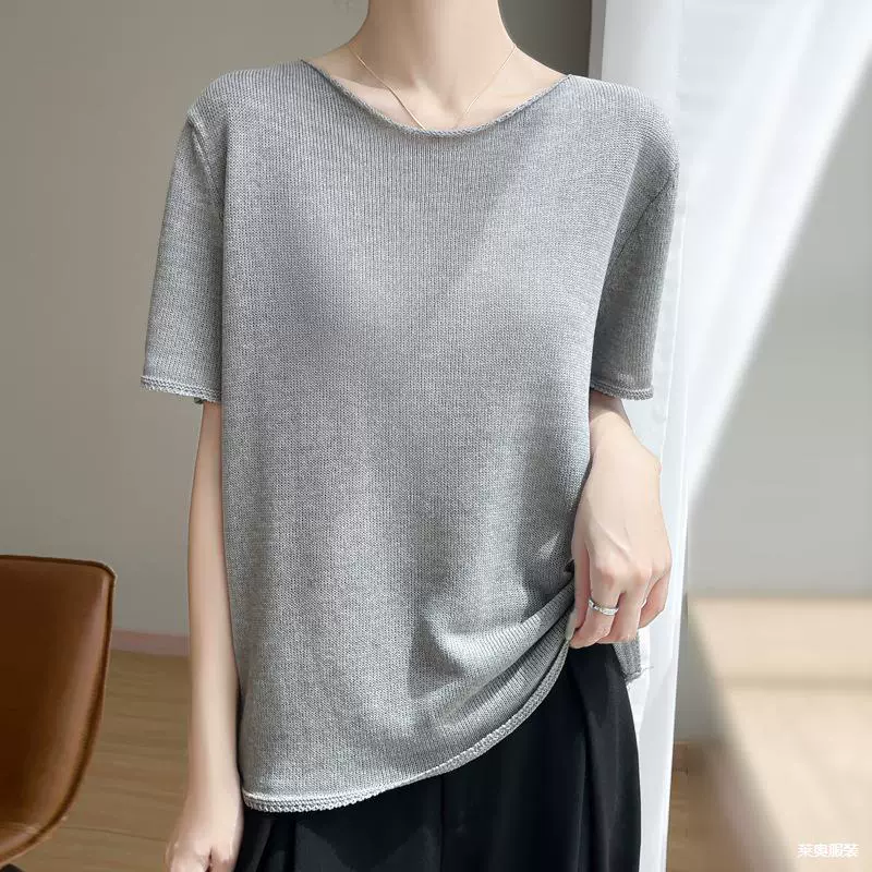 Женская летняя новая рубашка с круглым вырезом и короткими рукавами из льняного шелка с круглым вырезом и закругленными краями, однотонная рубашка с ленивым низом