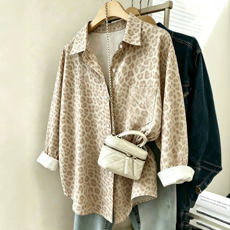 European and American cross-border women's autumn and winter fashion loose long-sleeve casual top, versatile everyday leopard print button-down shirt European and American cross-border women's autumn and winter fashion loose long-sleeve casual top, versatile everyday leopard print button-down shirt