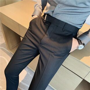 Spring New Trendy Men's Pants Cropped Suit Pants Men's Casual Striped Dress Pants Slim Fit Tapered Trousers