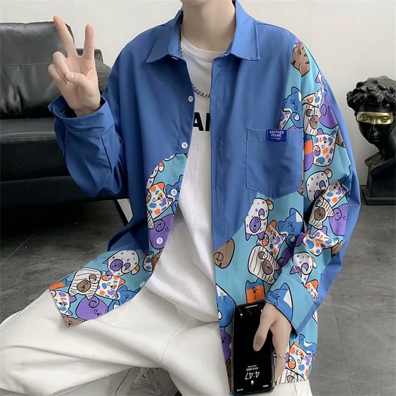 Мужская рубашка с длинными рукавами в гонконгском стиле, модная повседневная рубашка с мультяшным дизайном, осенняя свободная модная красивая куртка в японском стиле