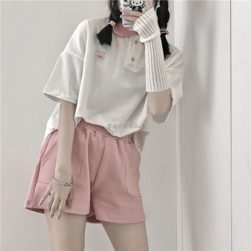 Cat girlfriend short-sleeved T-shirt female girlfriends summer wear Japanese cute bear loose college style POLO collar top fashion