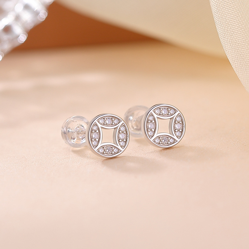 Khuyên tai bạc S925 mạ vàng hình đồng xu phong cách tân cổ điển — Bạc