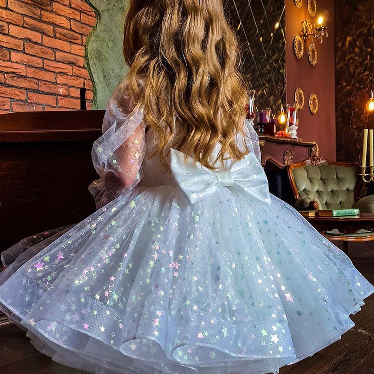 Christmas Princess Dress For Girls – Sparkly White Tutu With Puffed Sleeves & Bow Details (80-160cm, Perfect For Holiday Parties & Performances)_voghion.com