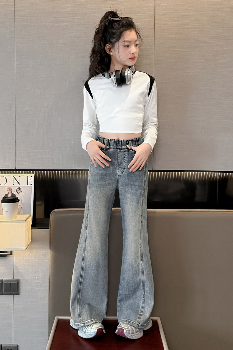 Men's Clothing Vintage Blue Flared Jeans For Kids - Stretchable Waistband, Comfortable Denim Fabric, Unisex Design For Boys & Girls (120cm-170cm)_voghion.com