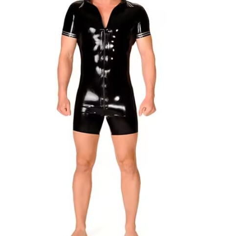 Latex Clothing, Latex Bodysuit with Lapels, with Line Accents, Front Crotch Zipper, Men's One-Piece Suit