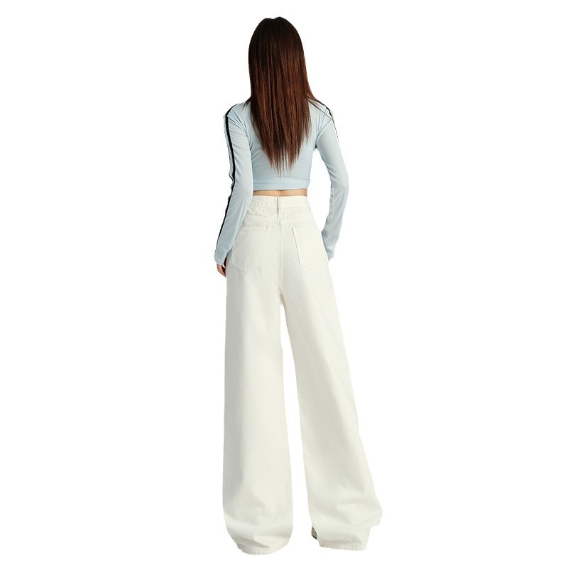 Jean blanc taille haute à jambes larges et amples pour femme, couvrant les hanches et amincissant, coupe droite, opaque, style printemps-automne_voghion.com