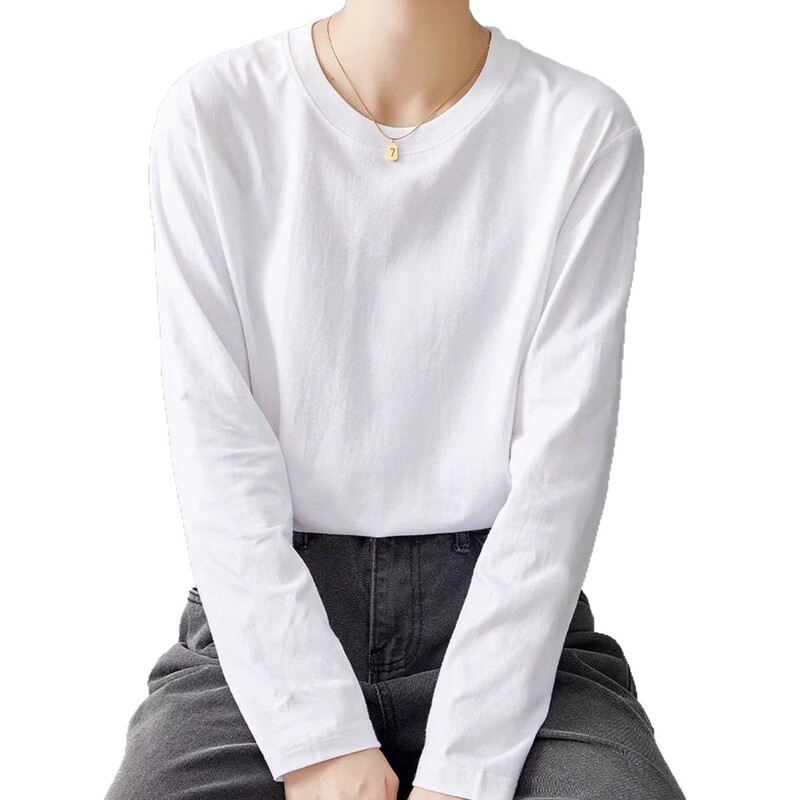 白色长袖t恤纯棉宽松圆领打底衫女内搭大码上衣秋季2025新款女装|undefined
