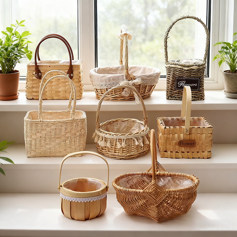 Rattan Hand-Held Flower Basket, Flower Storage Basket, Woven Flower Pot, Rattan and Willow Hand-Made Gift Basket, Picnic Photo Wholesale
