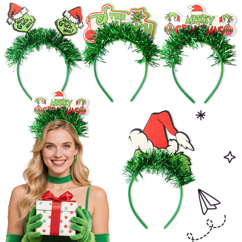Christmas Grinch Decoration Headband Holiday Party Themed Costume Photo Prop Grinch Ribbon Headband Christmas Grinch Decoration Headband Holiday Party Themed Costume Photo Prop Grinch Ribbon Headband