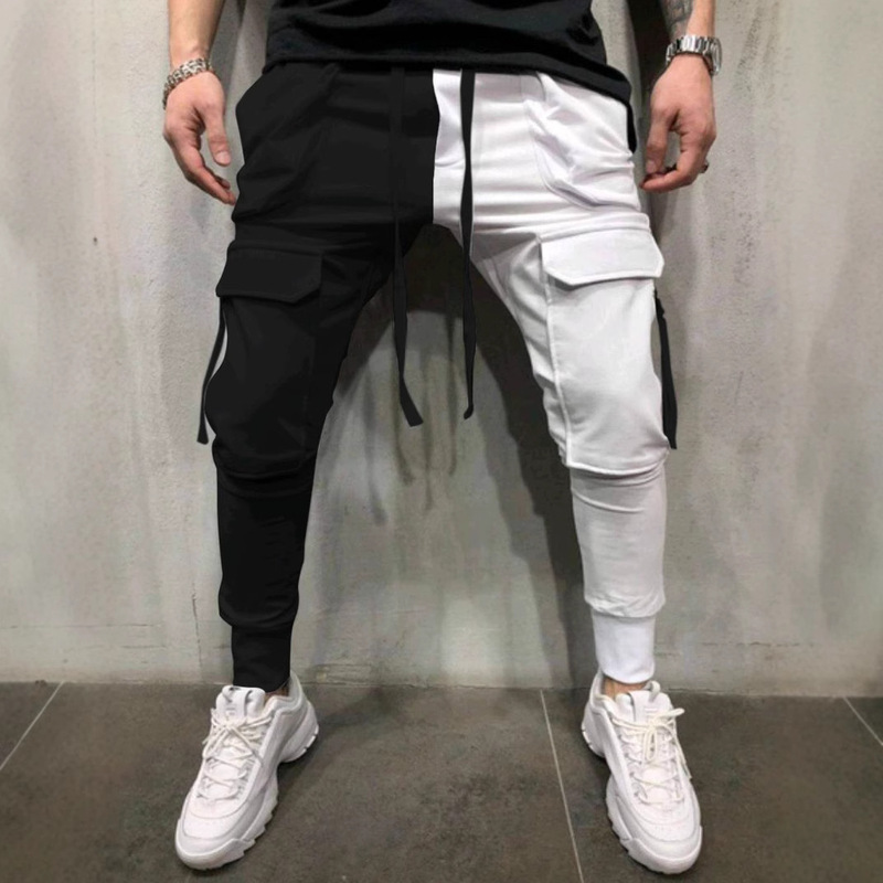 2023 cross-border spring and autumn men's leisure sports multi-pocket overalls pants color matching leisure fitness stitching tether trousers 2023 cross-border spring and autumn men's leisure sports multi-pocket overalls pants color matching leisure fitness stitching tether trousers