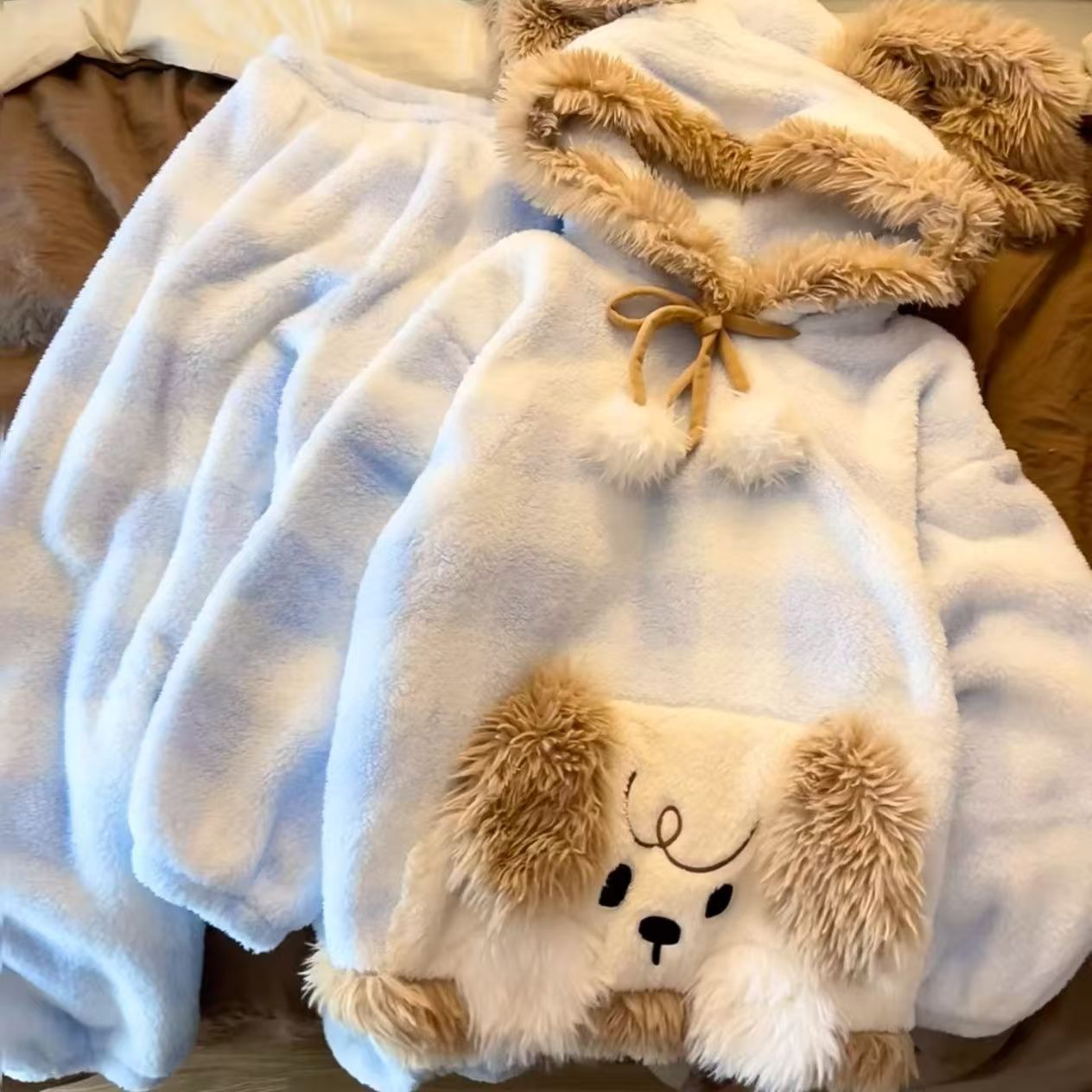 Coral Fleece Pajamas for Women, Winter Japanese Style Ins Sweet Cute Puppy Warm Hooded Coral Fleece Loungewear Set