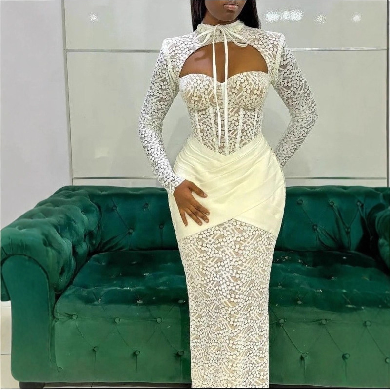 Amazon European and American Style Half-High Collar Tie-Up Patchwork Long Dress Low-Cut Sexy Bodycon Dress Long-Sleeve Sheer Evening Gown Amazon European and American Style Half-High Collar Tie-Up Patchwork Long Dress Low-Cut Sexy Bodycon Dress Long-Sleeve Sheer Evening Gown