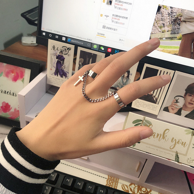 D038 Stainless steel men and women Two piece set Ring chain Connect Opening Religion Jesus cross Ring Ring