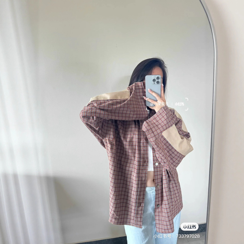 25早秋新款小众设计复古格纹拼接宽松慵懒感衬衫外套女款|undefined