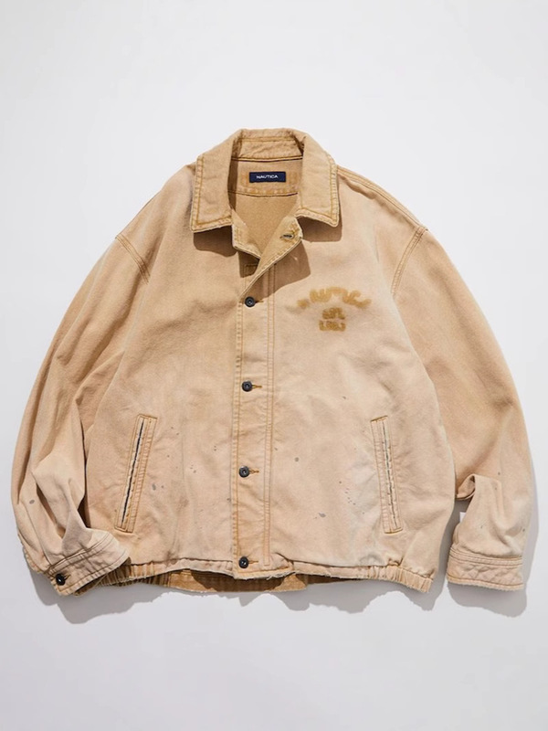 Niaojia Elements Heavy Canvas Jacket for Men, Casual Loose Fit, Washed and Distressed Vintage Couple's Jacket Top