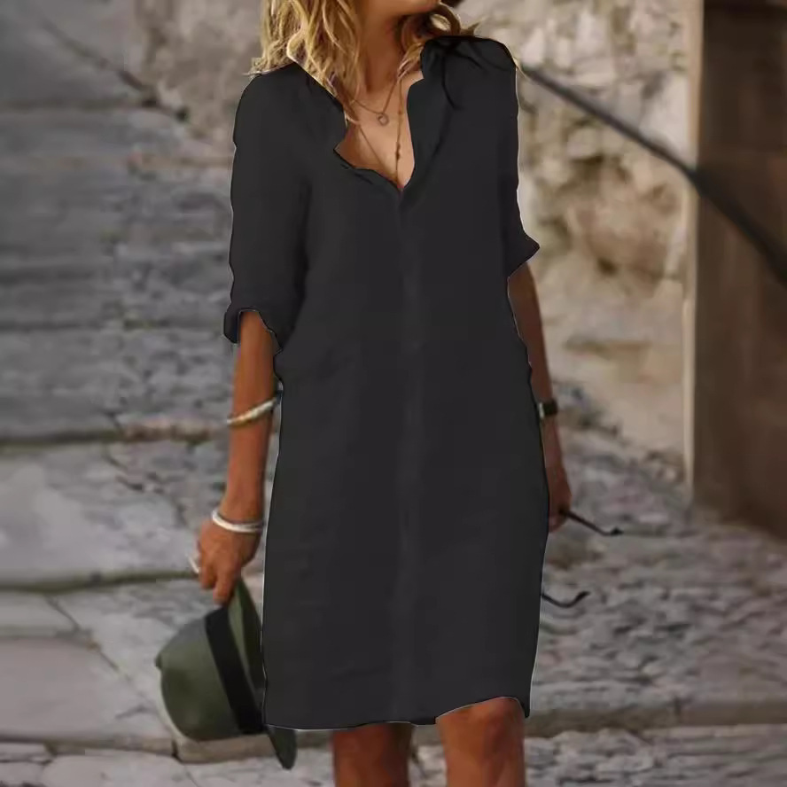 Loose Collar Buttoned Short-Sleeved Plain Cotton-Linen Shirt Dress_ecoleips.com