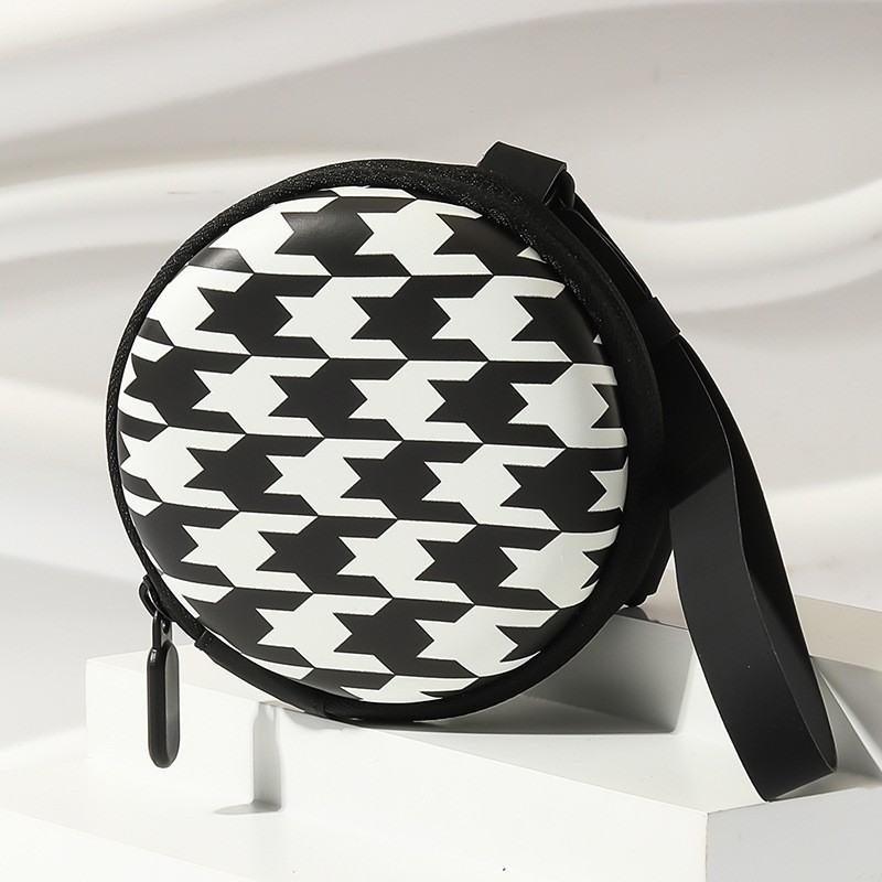 Montura de gafas redonda, bolsa plegable, caja de gafas, caja de almacenamiento de joyería portátil de moda multicolor, caja redonda, bolsa con cremallera en blanco y negro