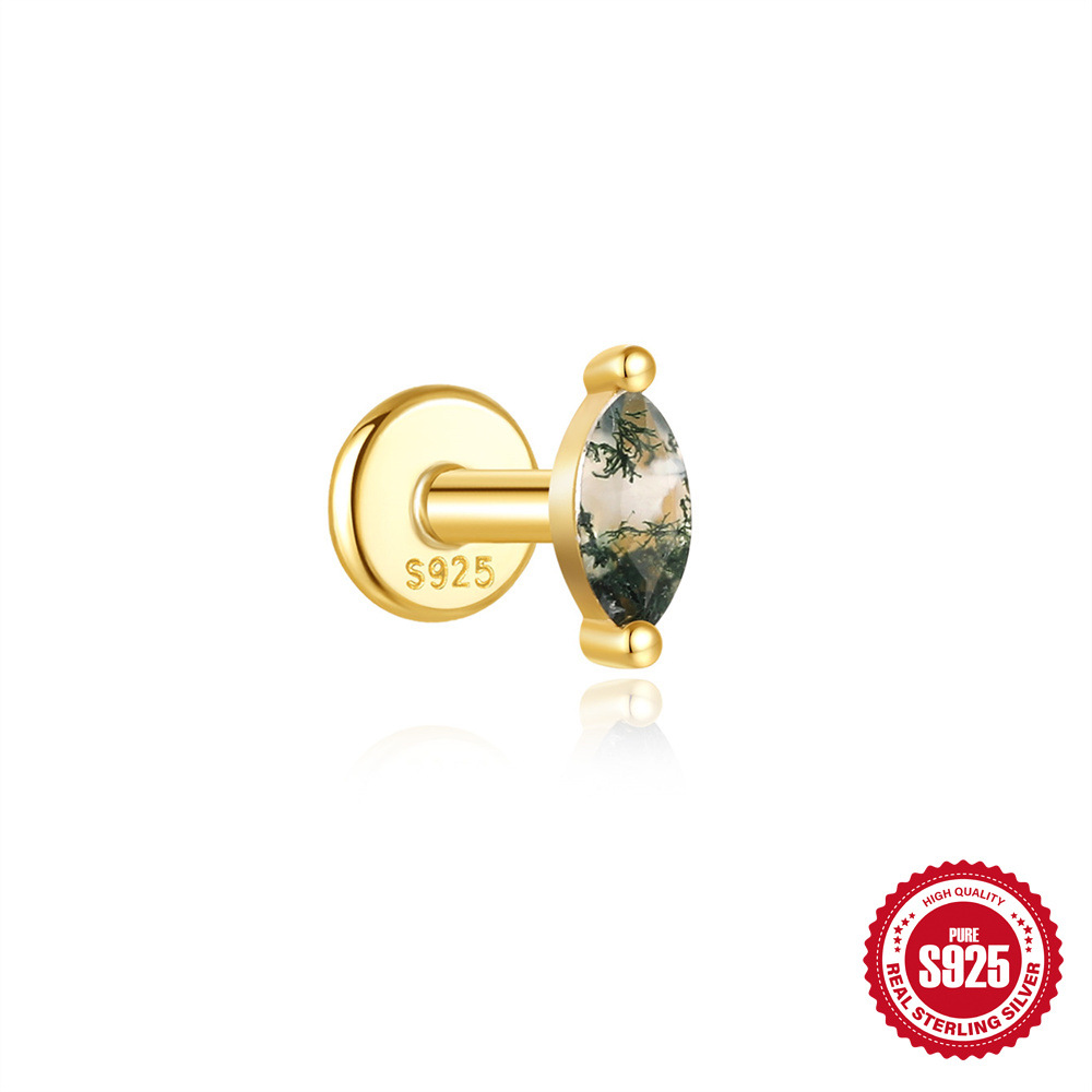 El nuevo s925 simple y moderno hierba de agua natural, uñas de hueso de oreja de ágata, personalidad de lujo ligera europea y americana, pendientes de piedra de musgo verde con incrustaciones