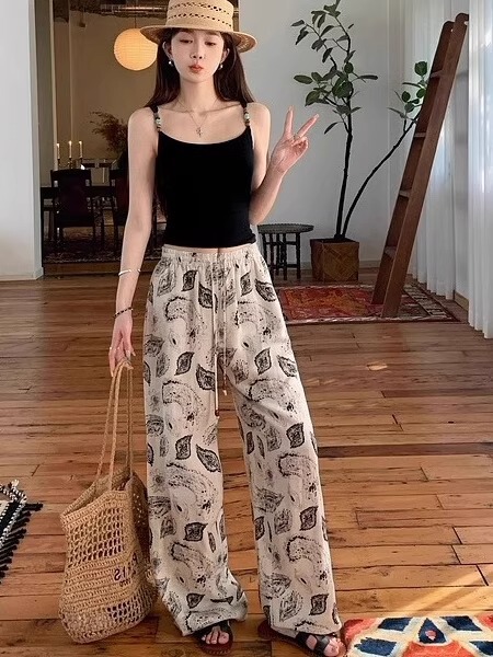 老钱风复古亚麻天丝休闲裤女夏季薄款高腰显瘦民族风腰果花阔腿裤|undefined