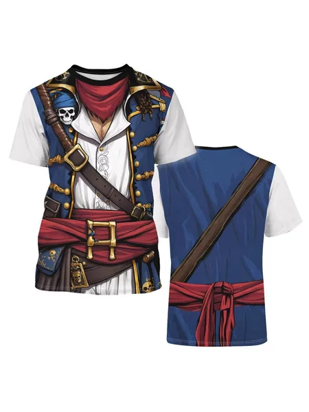2025 New Model Pirates of the Caribbean Jack Sparrow Character Cosplay 3D Shirt Cross-Border Foreign Trade Summer Men's Short Sleeve