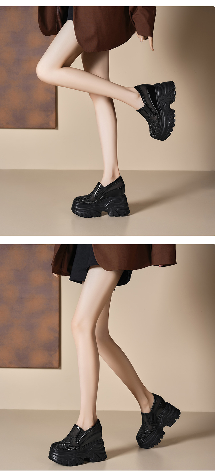 Giày sneaker platform nữ đế dày 12cm, lưới thoáng khí, phong cách loafer lỗ xỏ — Màu đen chi tiết 2