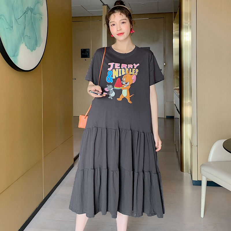 Maternity summer dress, new plus-size loose short-sleeve skirt, summer T-shirt, outerwear, trendy mom, medium-length skirt