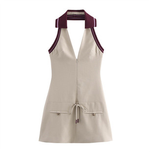 Cross-border foreign trade 2024 autumn new female European and American style hot girl temperament thread splicing hanging neck collar dress 3152
