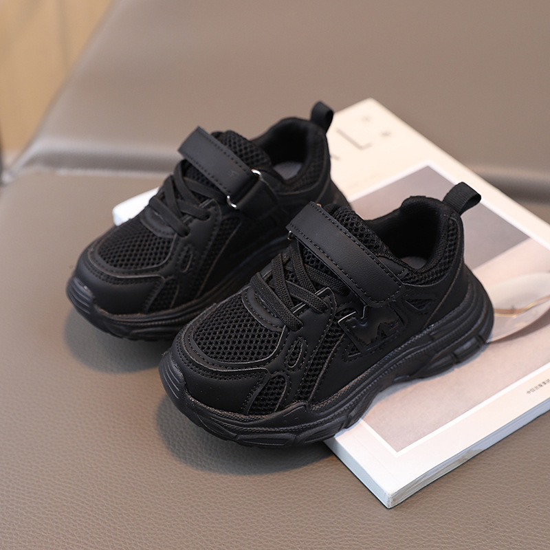 Boys' Black Athletic Shoes Breathable Mesh EVA Ultralight Running Sneakers For Medium And Large Children Girls' Chunky Sneakers_voghion.com