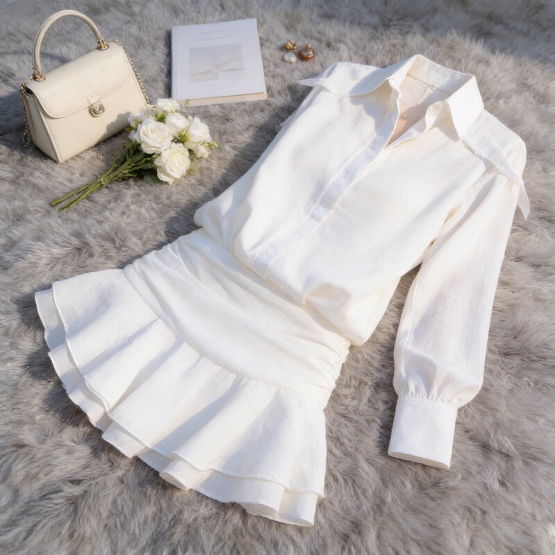 French-Style White Shirt Dress for Women, Spring/Summer 2025 New Model, Elegant Waist-Cinching Ruffled Short Dress French-Style White Shirt Dress for Women, Spring/Summer 2025 New Model, Elegant Waist-Cinching Ruffled Short Dress