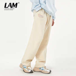 lamlicka国潮杏色字母卫裤男春季休闲长裤高街潮牌薄款直筒裤宽松