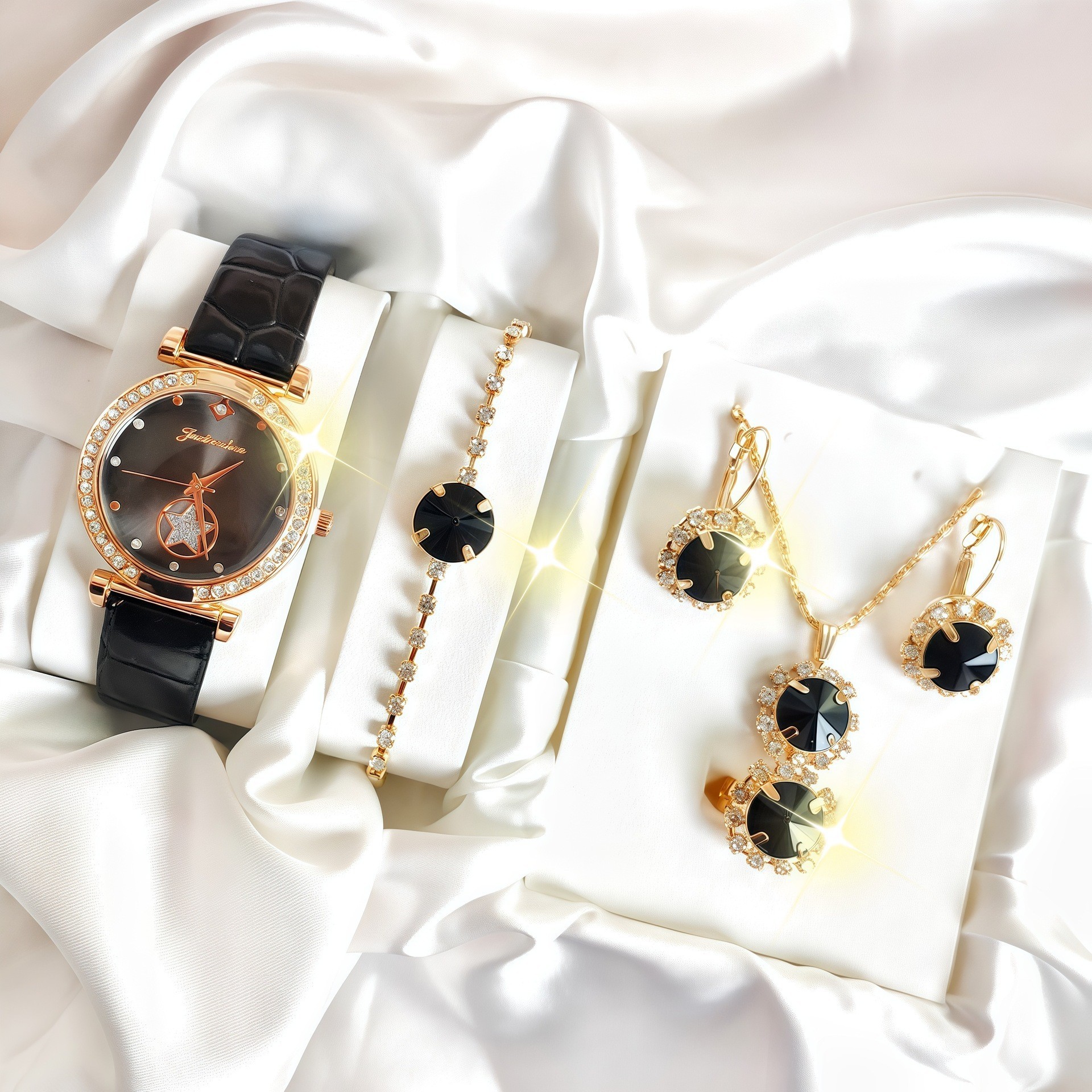 女士圆形石英表套装礼盒 外贸热销大钻手链5pcs套装爆款手表套装