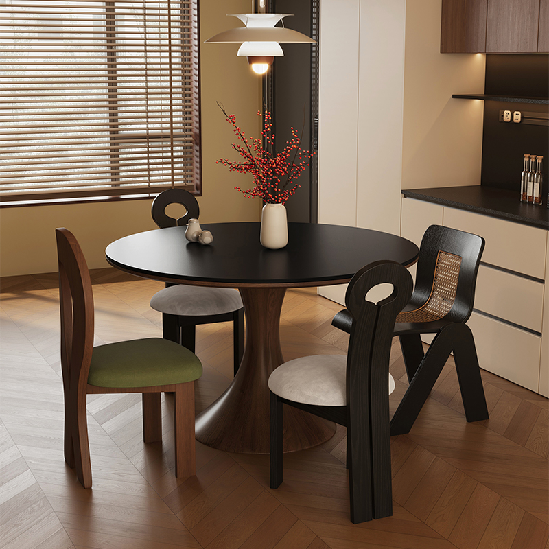 Medieval Style Small Waist Solid Wood Slate Dining Table and Chair Combination Home New Black Round Dining Table French Round Table