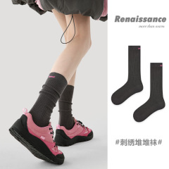 Renaissance秋冬新款中筒袜双针字母堆堆袜刺绣学院风ins潮袜子女