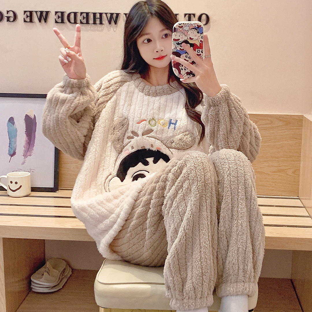 겨울 새 잠옷 여성 피트 벨벳 크루 넥 풀오버 긴 소매 바지 달콤한 귀여운 따뜻한 집 옷 세트 겨울