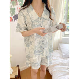 实拍2025新款睡衣女夏季棉纱布短袖短裤简约宽松家居服套装批发
