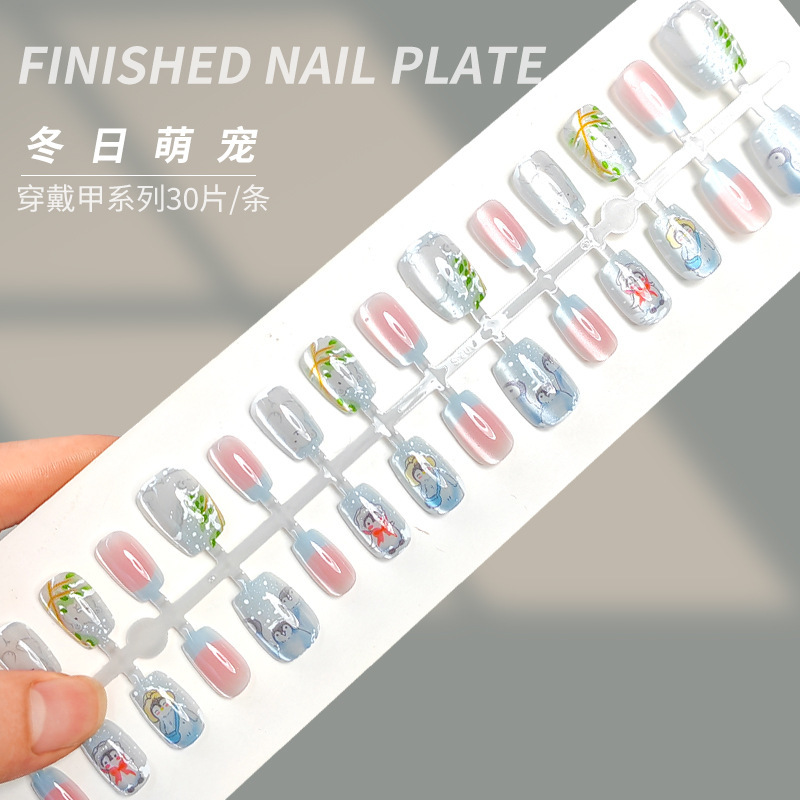 Cute Cartoon Snowflake Little Penguin Short Trapezoid Cat Eye Wearable Nail Ice Transparent Pre-Made Fake Nail Patch Wholesale