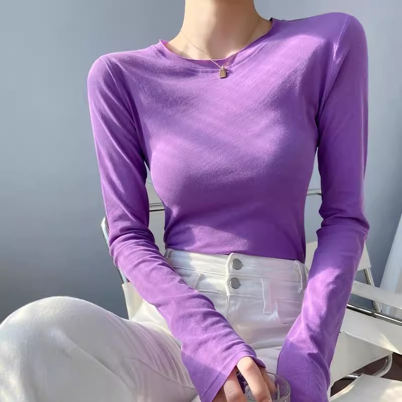 Purple Round-Neck Spring and Autumn Base Shirt, Very Stylish and Youthful Dopamine Top, Slim-Fit Long-Sleeve T-Shirt for Women