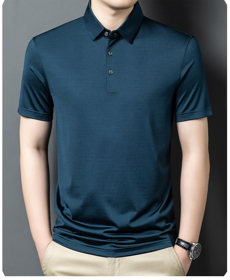 Áo polo nam tay ngắn lụa tơ tằm cổ bẻ mỏng nhẹ — Màu xanh dương JS1601077 chi tiết 14