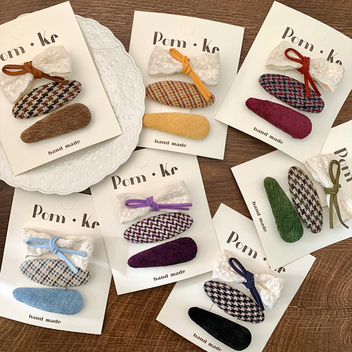 New waterdrop grid bow three-piece set sweet girl fabric hair clip forehead clip hair accessory side fringe clip