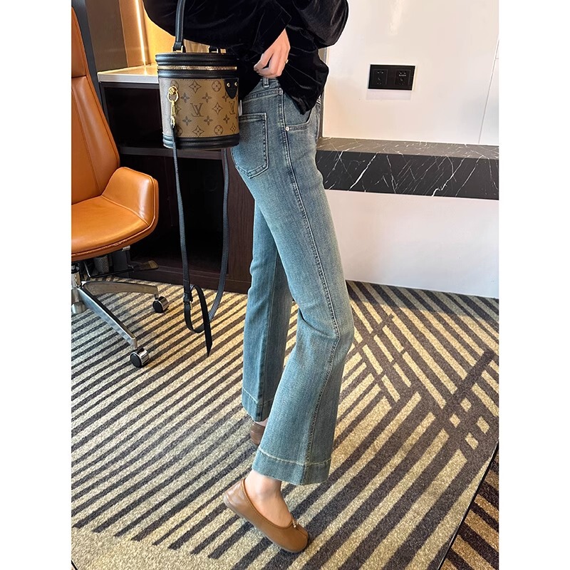 Small Stretch Micro-flared Jeans Women's Spring and Autumn Pear-shaped Body plus size High Waist Straight Slim Ankle-length Pants