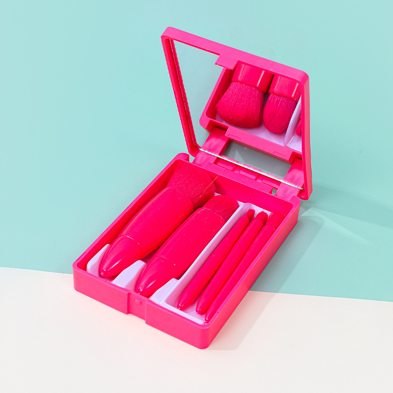 Set de brochas de maquillaje con espejo, 5 brochas, espejo, cerdas suaves, estuche portátil de viaje, brocha para base, brocha para polvos sueltos, brocha para sombras de ojos.