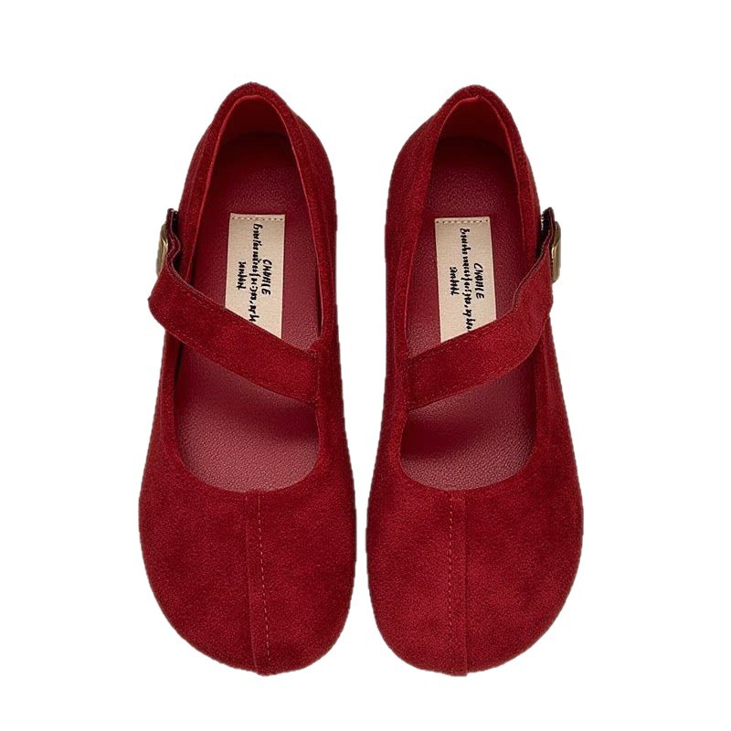 Fairy Fan rojo tacones bajos de camisa superficial un pedaleo 2026 nuevo estilo diario primavera, verano y otoño de cabeza redonda mujer ligera