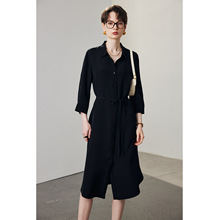 30姆米重磅真丝连衣裙女2025春夏新款简约五分袖翻领过膝纯色裙子