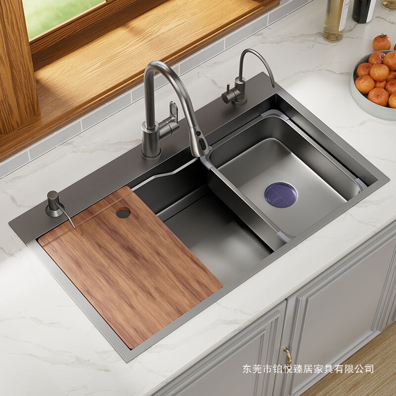 Handmade kitchen sink made of 304 stainless steel, thickened, gunmetal gray, large single-basin sink for washing vegetables and dishes, suitable for home use Handmade kitchen sink made of 304 stainless steel, thickened, gunmetal gray, large single-basin sink for washing vegetables and dishes, suitable for home use