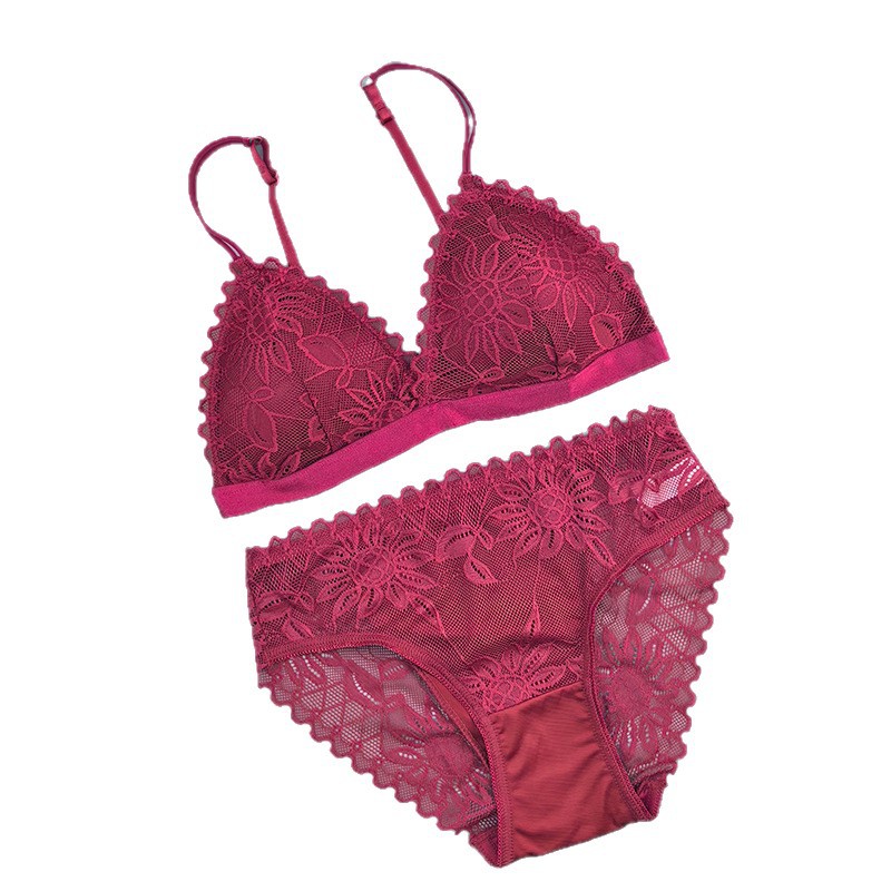 Conjunto de sujetador de copa triangular transfronteriza sin anillo de acero de hebilla de una sola fila de cinturón para limpiar el pecho de encaje sexy envuelto en el pecho de la mujer